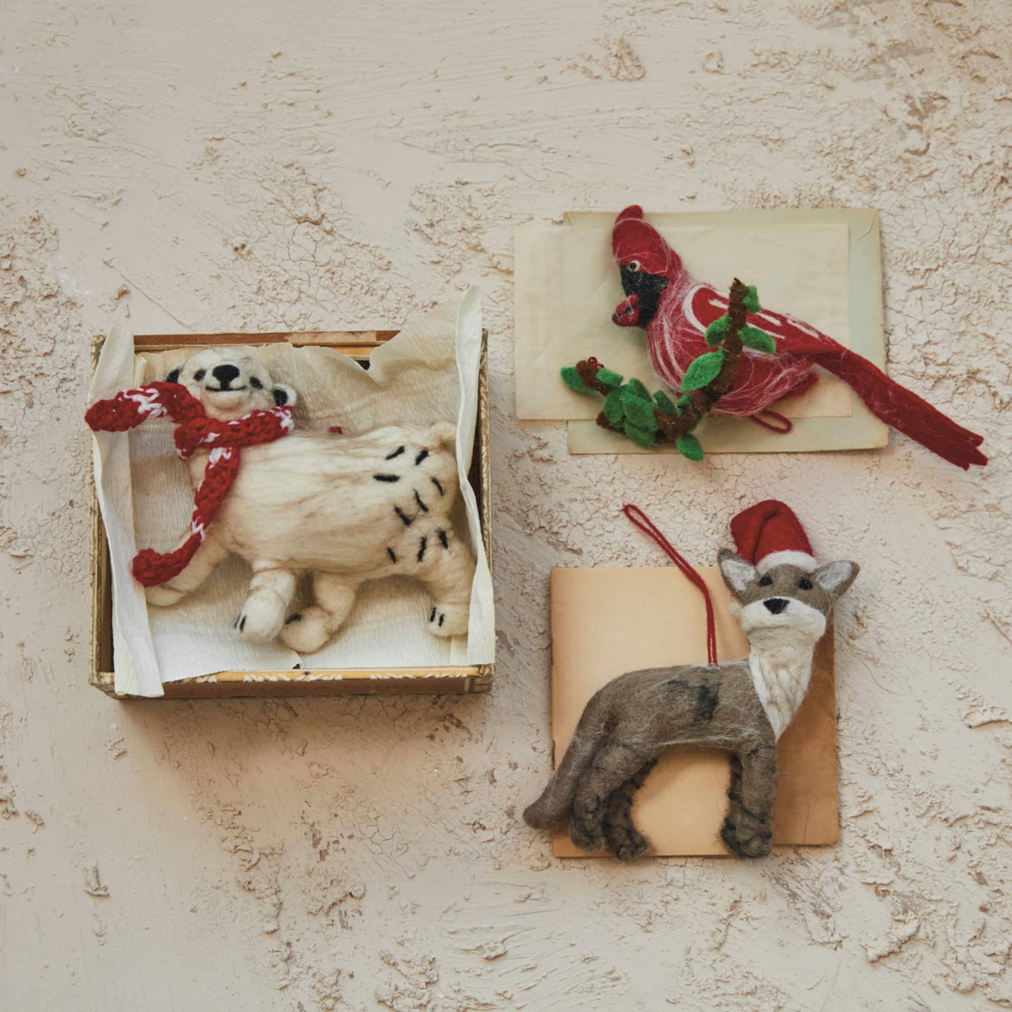 Hello Honey® Handmade Wool Felt Fox, Polar Bear & Cardinal Ornament Set